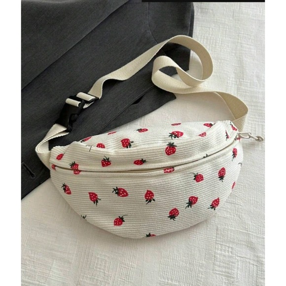 Handbags - Corduroy Belt Bag Fanny Pack Strawberry Print Travel Hip Bum Bag Women